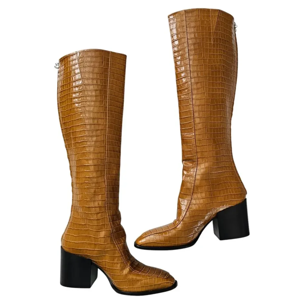 Aeyde Charlie Croc Embossed Knee High Heel Boot Size 36 US 6 Brown Leather Zip